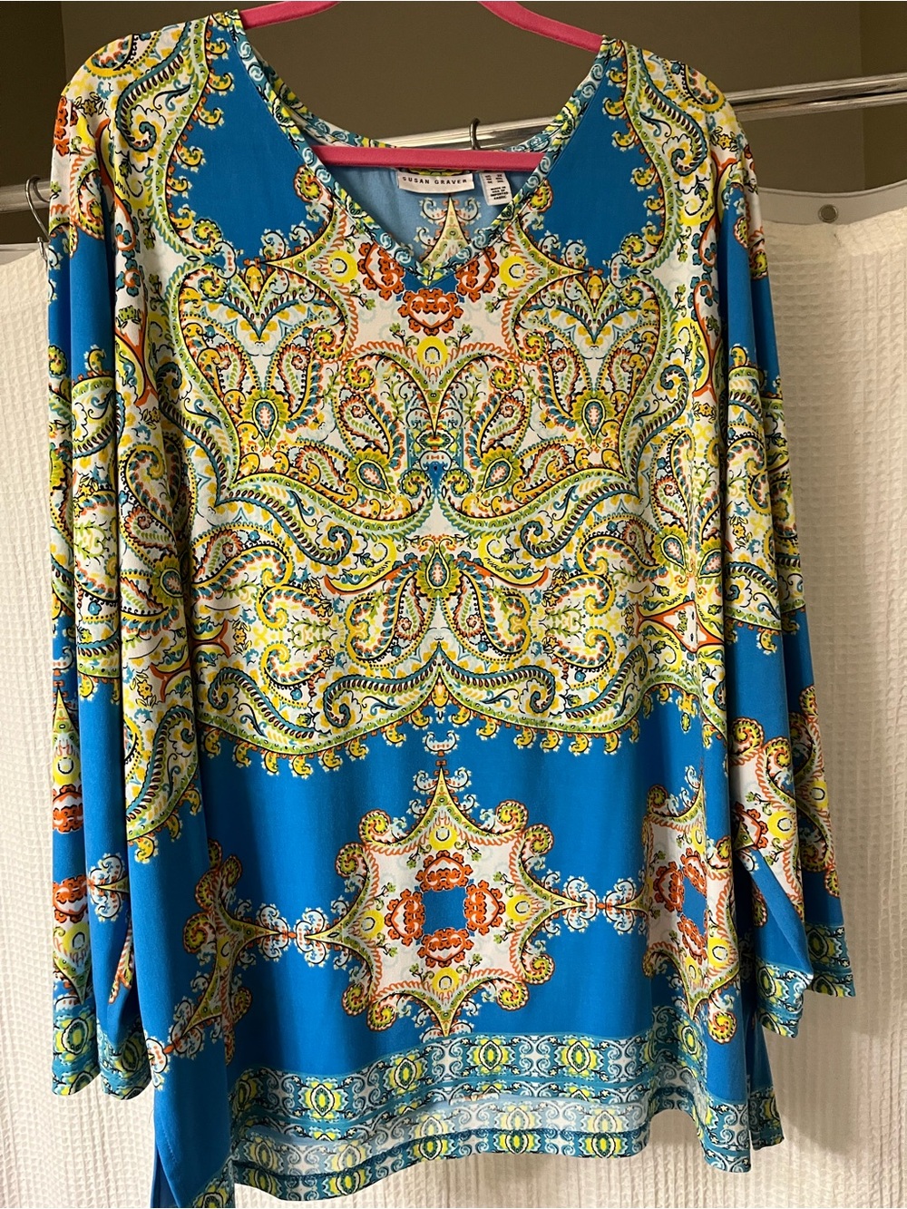 Susan Graver Blue Multicolor Paisley-Print Long-Sleeve Tunic